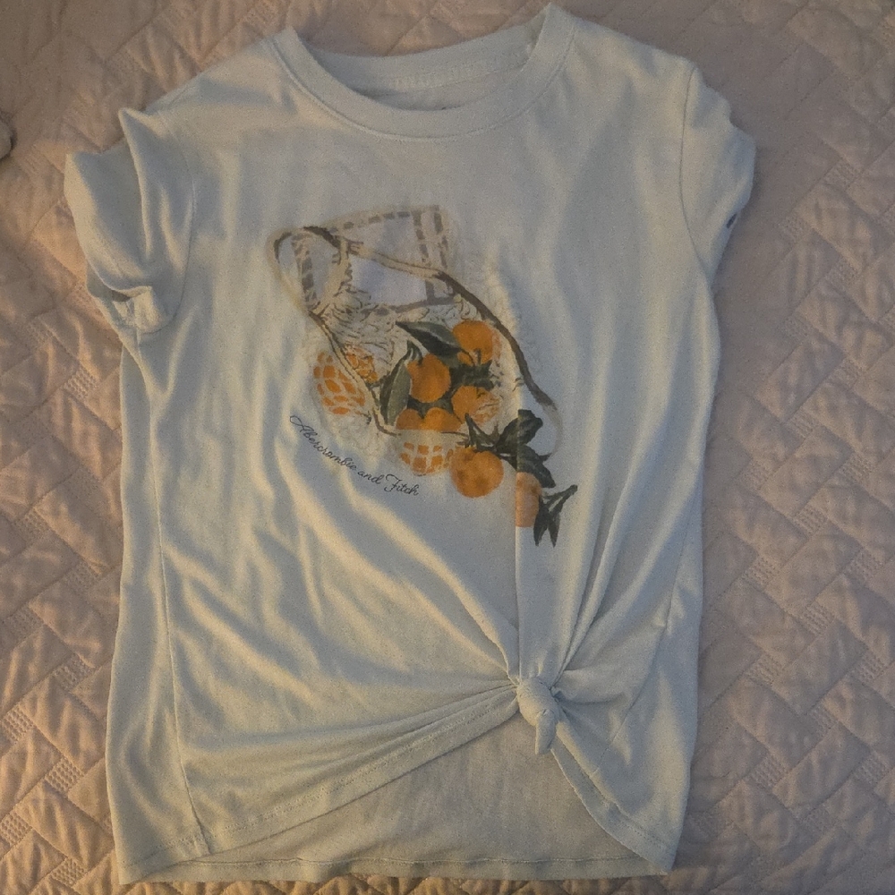 abercrombie kids White Tee with Orange Fruit Graphic and Front Knot